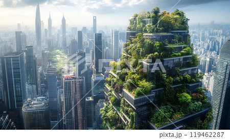 A city with a tall building that has a green roof. The building is surrounded by other tall buildings 119462287