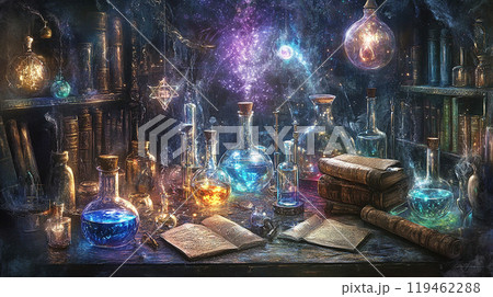 Esotericism table with many bottles and a book with a blue cover. The bottles are filled with different colored liquids and the book is open. Scene is mysterious and intriguing 119462288