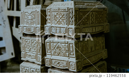 carving element. furniture in classic style. white color wood with gold trim. patina. carving. small depth of field. luxury furniture. use as background. 119462558