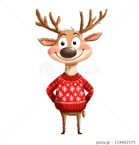 Cute reindeer in a cozy sweater on a transparent background. Winter character, festive design, holiday season, Christmas illustration, warm vibes, cozy winter, cheerful holiday. 119462575