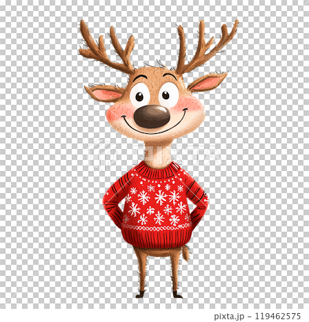 Cute reindeer in a cozy sweater on a transparent background. Winter character, festive design, holiday season, Christmas illustration, warm vibes, cozy winter, cheerful holiday. 119462575