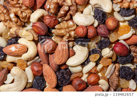 Mixed Nuts: Almonds, Walnuts, Cashews, Peanuts, Hazelnuts, Dried Prunes and Raisins 119462657