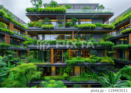 A large house with a green roof and a lush garden 119463011