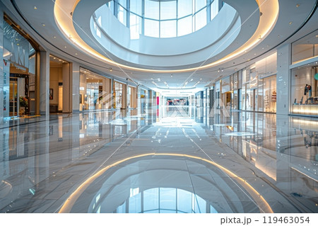 A large, empty shopping mall with a lot of glass windows 119463054