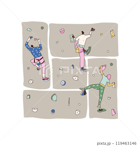 Climbing wall park poster. Climbers training. Vector hand drawn flat illustration isolated on white background. Climbing wall park poster. Climbers training. Vector hand drawn flat illustration isolated on white background. 119463146