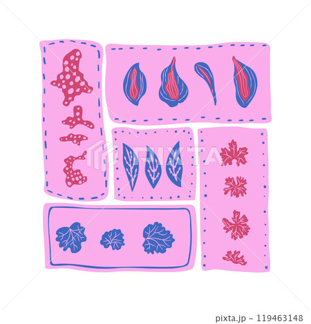 Stylized leaves and plants square badge. Vibrant organic shapes in rectangle segment. Vector hand drawn flat illustration. 119463148