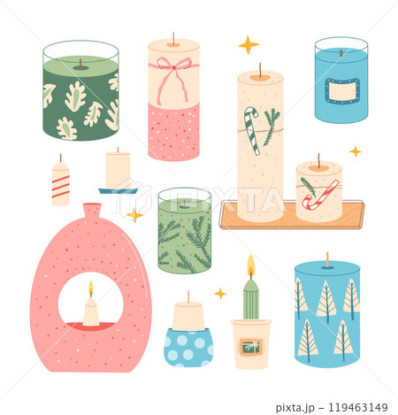 Set of Christmas aroma candles. Vector hand drawn collection illustration isolated on white background. 119463149