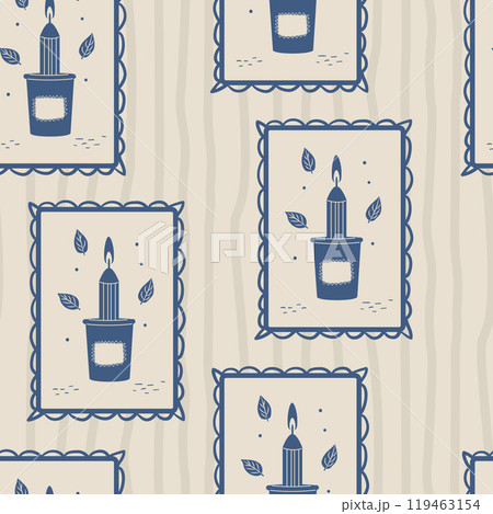 Candle in retro frame seamless pattern. Vintage endless background. repeat cover. Vector hand drawn illustration. 119463154