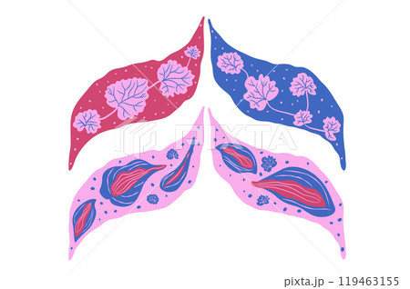 Stylized leaves emblems set. Hosta, geranium floral elements in braided segments. Vibrant organic shapes. Vector hand drawn flat illustration. 119463155