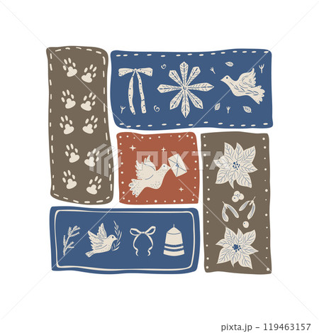 Festive holiday doves, snowflakes, and gifts, in blue, red, and brown color blocks. Vector hand drawn illustration isolated on white background. 119463157