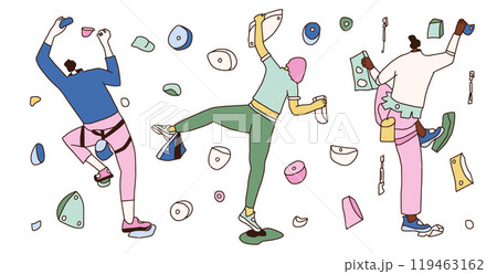 Climbing wall park. Climbers training kit. Vector hand drawn flat collection illustration isolated on white background. 119463162