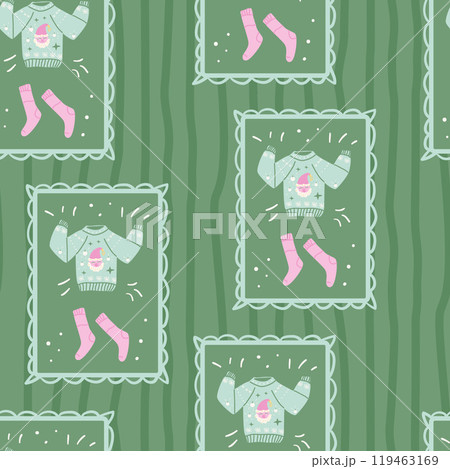 Ugly sweater and socks seamless pattern. Winter cozy fun clothing endless background. Warm Christmas apparel continuous ornament. Surface pattern design vector holiday motif. 119463169