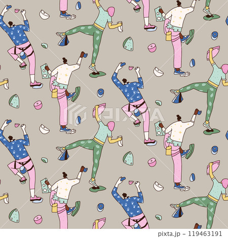 Climbing wall with people seamless pattern. Rock clambering park endless background. Indoor bouldering repeat cover. Cliff wall continuous ornament. Vector hand drawn illustration. 119463191