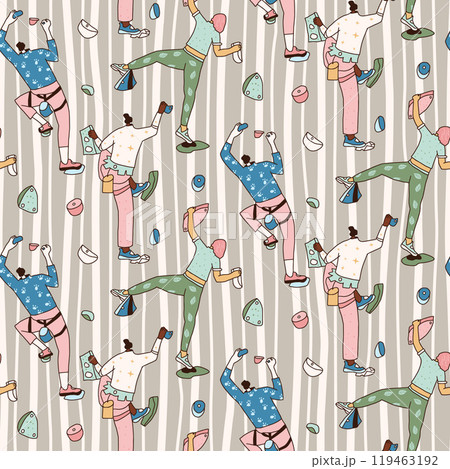 People training on climbing wall seamless pattern. Rock clambering park endless background. Surface pattern design extreme sport motif. Vector hand drawn illustration. People training on climbing wall seamless pattern. Rock clambering park endless background. Surface pattern design extreme sport motif. Vector hand drawn illustration. 119463192