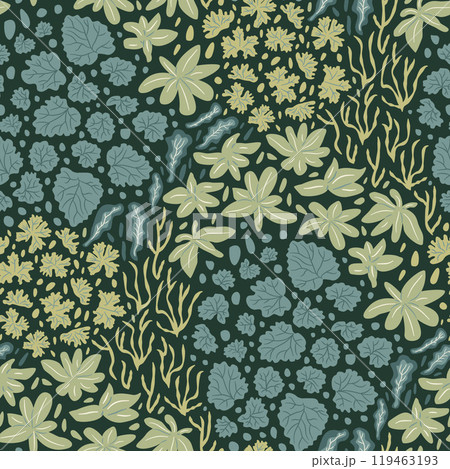 Flower bed dark garden seamless pattern. endless background. Plant repeat cover. continuous ornament. Surface pattern design motif. Vector hand drawn illustration. 119463193