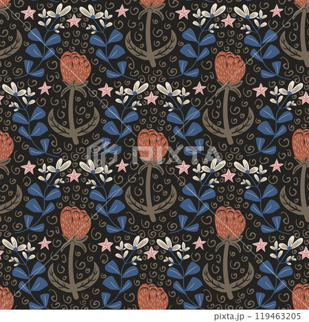 Tulip flowers dark seamless pattern. Floral secret garden endless background. Vector flat hand drawn illustration. 119463205