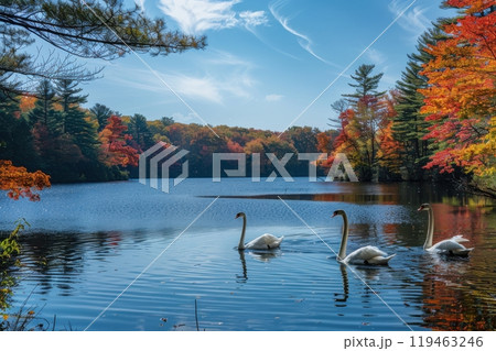 Three swans are swimming in a lake 119463246