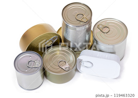 A Group of Stacked Tin Cans with Blank Edges Isolated on White A Group of Stacked Tin Cans with Blank Edges Isolated on White 119463320