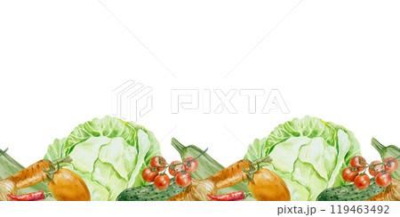 Vegetable seamless border. Cabbage, tomato, carrot, onion, zucchini, cucumber, pepper. Watercolor illustration isolated. For wrapping paper, labels. 119463492