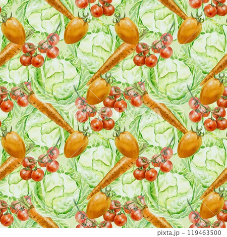 Vegetable seamless pattern. Cabbage, tomato, carrot. Hand drawn watercolor illustration. Wrapping paper, textile, labels, fabric, covers, wallpaper. Vegetable seamless pattern. Cabbage, tomato, carrot. Hand drawn watercolor illustration. Wrapping paper, textile, labels, fabric, covers, wallpaper. 119463500