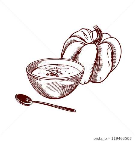 Pumpkin soup in a plate, pumpkin vegetable, spoon. Vector illustration in graphic style. For labels, cafe menu design, posters, banners. Pumpkin soup in a plate, pumpkin vegetable, spoon. Vector illustration in graphic style. For labels, cafe menu design, posters, banners. 119463503