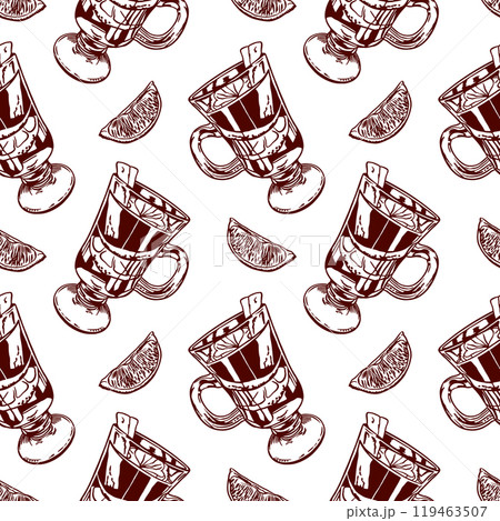 Mulled wine and lemon slice, seamless pattern. Vector illustration in graphic style. For wrapping paper, textile, fabric, covers, craft packaging. Mulled wine and lemon slice, seamless pattern. Vector illustration in graphic style. For wrapping paper, textile, fabric, covers, craft packaging. 119463507