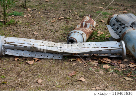 The tail section of a 220 mm rocket for the Uragan rocket fire system on a city flowerbed in Mykolaiv The tail section of a 220 mm rocket for the Uragan rocket fire system on a city flowerbed in Mykolaiv 119463636