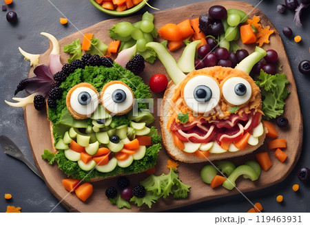Funny halloween monster sandwiches. Set of various decorated monster sandwich and toasts, with cucumber, cheese and meat sausages, white table background with Halloween decorations 119463931