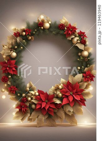 Traditional Christmas wreath on rustic white wood. 119463940