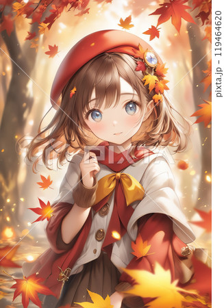 紅葉の葉っぱが舞う日本の秋の風景を背景に、笑顔がかわいい若い女性が立っているイラスト 119464620