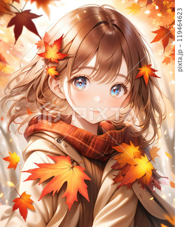 女性と紅葉した葉っぱ。秋イメージ 119464623