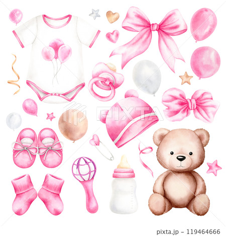 Teddy bear, bodysuit, beanie, socks, shoes, rattle, pacifier, bottle, safety pin, stars, heart. Pink newborn items set for baby shower. Watercolor hand drawn illustration, painting on white background Teddy bear, bodysuit, beanie, socks, shoes, rattle, pacifier, bottle, safety pin, stars, heart. Pink newborn items set for baby shower. Watercolor hand drawn illustration, painting on white background 119464666