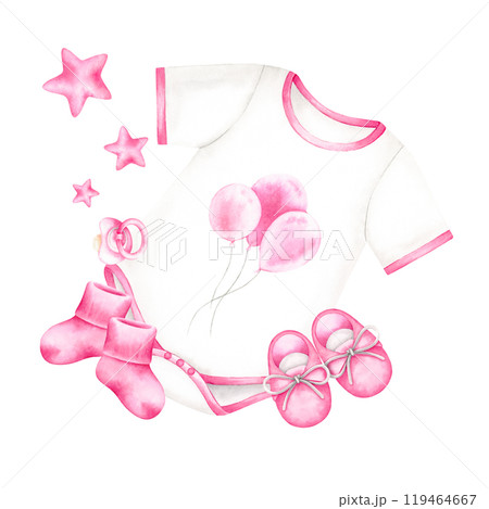 Bodysuit, socks, shoes, pacifier, stars composition. Pink newborn girl items set for baby shower. Watercolor hand drawn illustration isolated on white background. For invitation cards, design, decor. 119464667