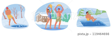 People Characters Engaging In Winter Swimming For Health And Fun In A Snowy Landscape, Cartoon Vector Illustration People Characters Engaging In Winter Swimming For Health And Fun In A Snowy Landscape, Cartoon Vector Illustration 119464698