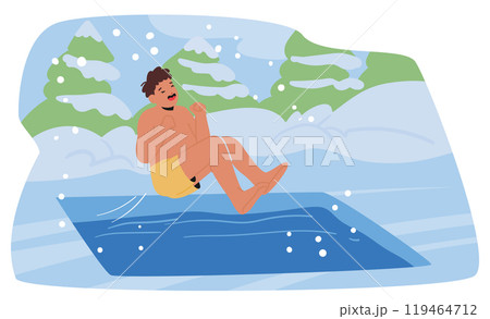 Cartoon Man Joyfully Jumping In Icy Waters During Winter With Snowy Landscape Background Showing Hardening 119464712
