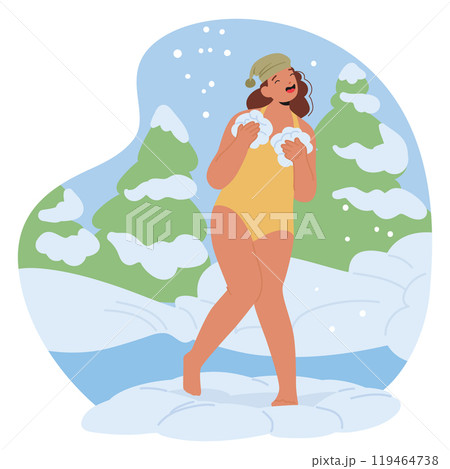 Woman In Swimwear Standing In Snowy Winter Landscape Rubdown With Snowballs Representing Concepts Of Health 119464738