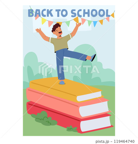 Cheerful Child Stands On A Stack Of Books Celebrating Back To School With Colorful Bunting In The Background 119464740