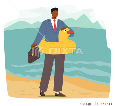 Businessman Character Standing On A Beach With A Briefcase And A Rubber Duck Float Emphasizing Dream of Vacation Businessman Character Standing On A Beach With A Briefcase And A Rubber Duck Float Emphasizing Dream of Vacation 119464744