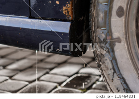 Dripping Water from a Car's Undercarriage on Cobblestone Street Dripping Water from a Car's Undercarriage on Cobblestone Street 119464831