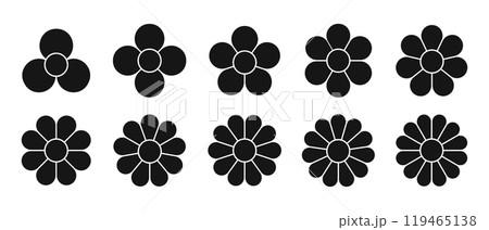 Set of flower diagrams with petals and core. Floral pie chart divided on equal segments in leaf shapes isolated on white background. Templates for data presentation. Vector graphic illustration Set of flower diagrams with petals and core. Floral pie chart divided on equal segments in leaf shapes isolated on white background. Templates for data presentation. Vector graphic illustration 119465138