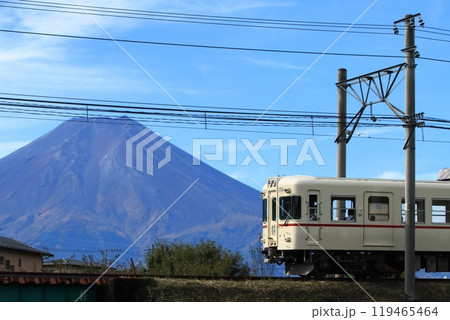 世界遺産 富士山を背景にのんびりと走る富士山麓電気鉄道1000形電車_2024/10/19撮影 119465464