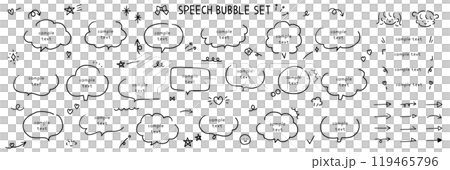 手描きの吹き出しのベクターイラストセット。ふきだし、フレーム、おしゃれ、手書き、ハート、星 119465796
