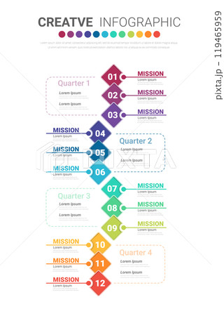 Infographic quarterly template for presentation 12 months in 4 quarter can be used for workflow layout, process diagram, flow chart. 119465959