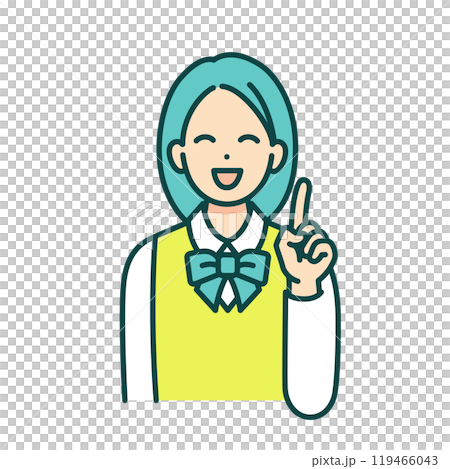 A line drawing illustration of a girl in a school uniform pointing straight ahead. A line drawing illustration of a girl in a school uniform pointing straight ahead. 119466043