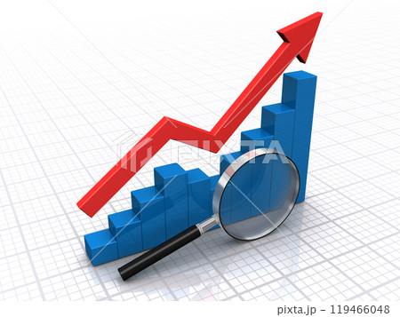上昇する3Dの矢印と棒グラフを虫メガネで見る 上昇する3Dの矢印と棒グラフを虫メガネで見る 119466048