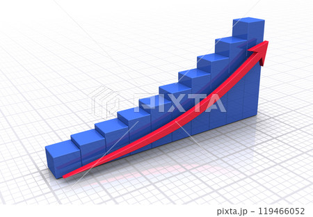 上昇する3Dの矢印と棒グラフ、業績好調の成功イメージ 119466052