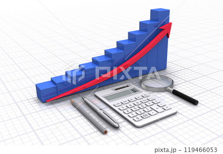 上昇する立体の業績グラフとビジネスグッズ、好景気イメージ 上昇する立体の業績グラフとビジネスグッズ、好景気イメージ 119466053