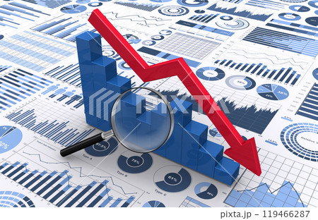 下降する3Dの矢印と棒グラフを虫メガネで見る 119466287