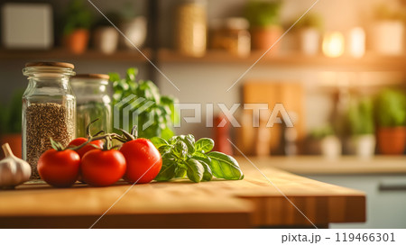 キッチンカウンターに並べられた農場で採れたばかりのトマトとニンニク キッチンカウンターに並べられた農場で採れたばかりのトマトとニンニク 119466301