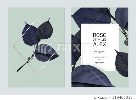 Foliage wedding invitation card template design, dark blue leaves on light green 119466319
